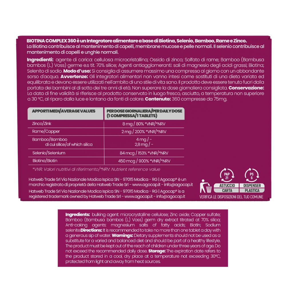 Biotina Complex 360 | Integratore con Biotina, Zinco e Selenio per crescita e salute dei capelli