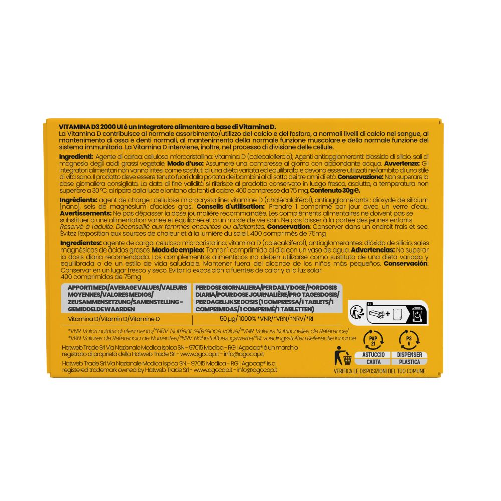 Vitamina D3 2000 UI | Integratore per ossa e sistema immunitario con Vitamina D3 ad alto dosaggio