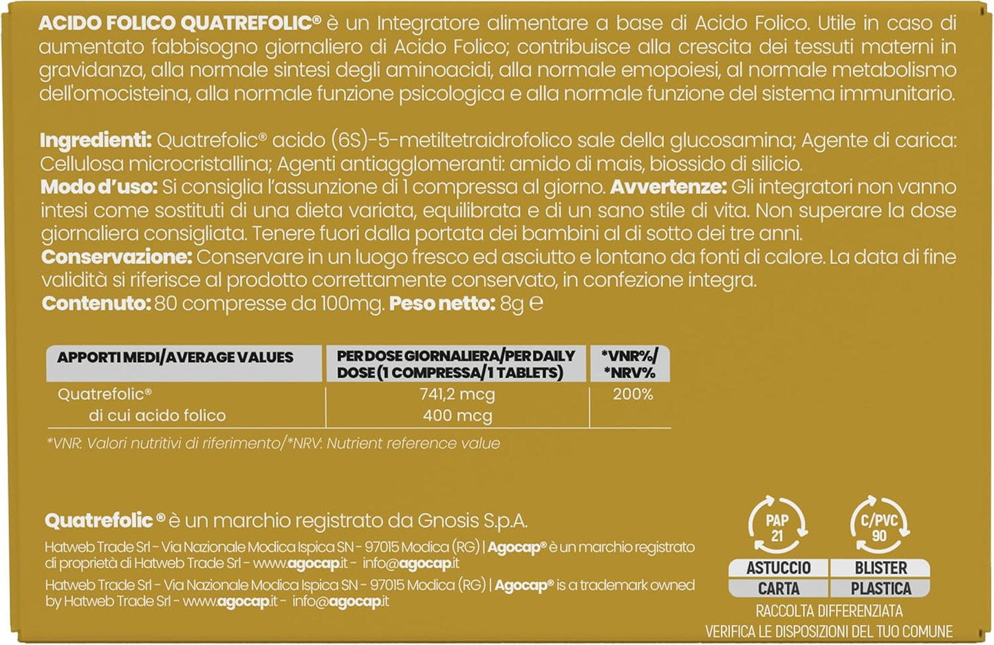 Acido Folico di 4a Generazione Quatrefolic, Vitamina B9, Integratore Alimentare con Assorbimento Fino a 3 Volte Superiore, 80 compresse
