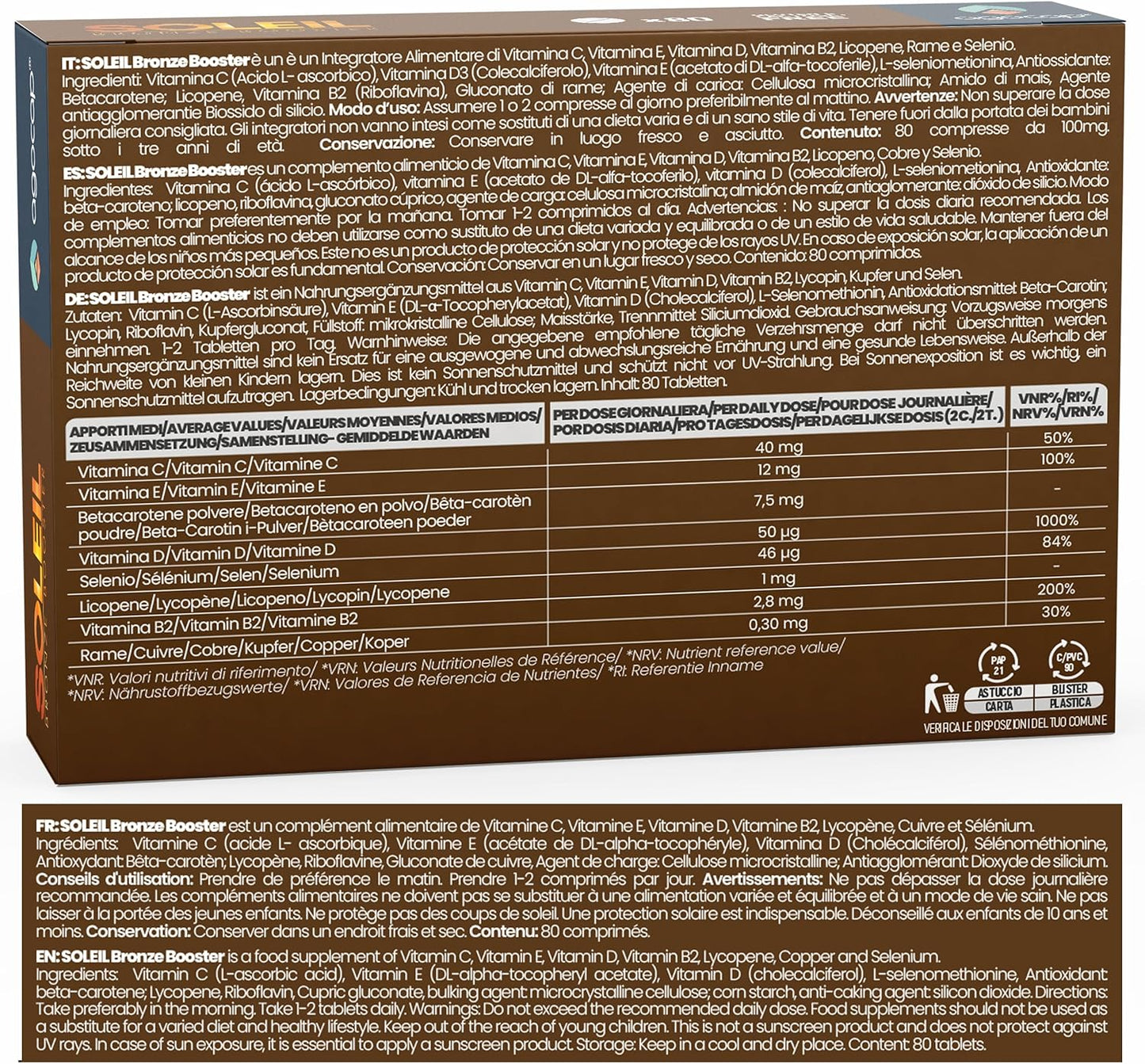 Soleil Bronze Booster | Integratore per abbronzatura con Betacarotene, Licopene e Rame
