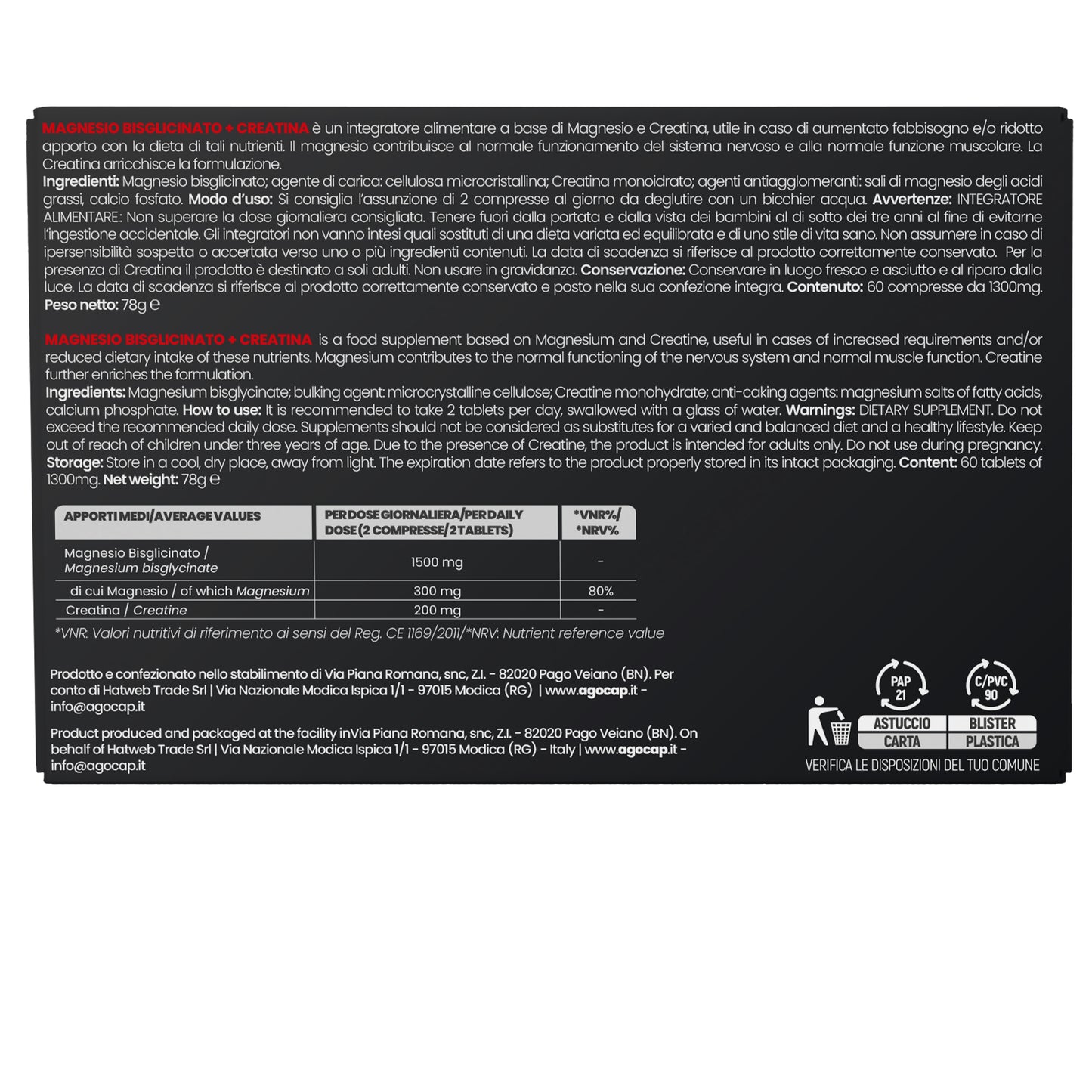 Magnesio Bisglicinato + Creatina | Contro stress, affaticamento e stanchezza