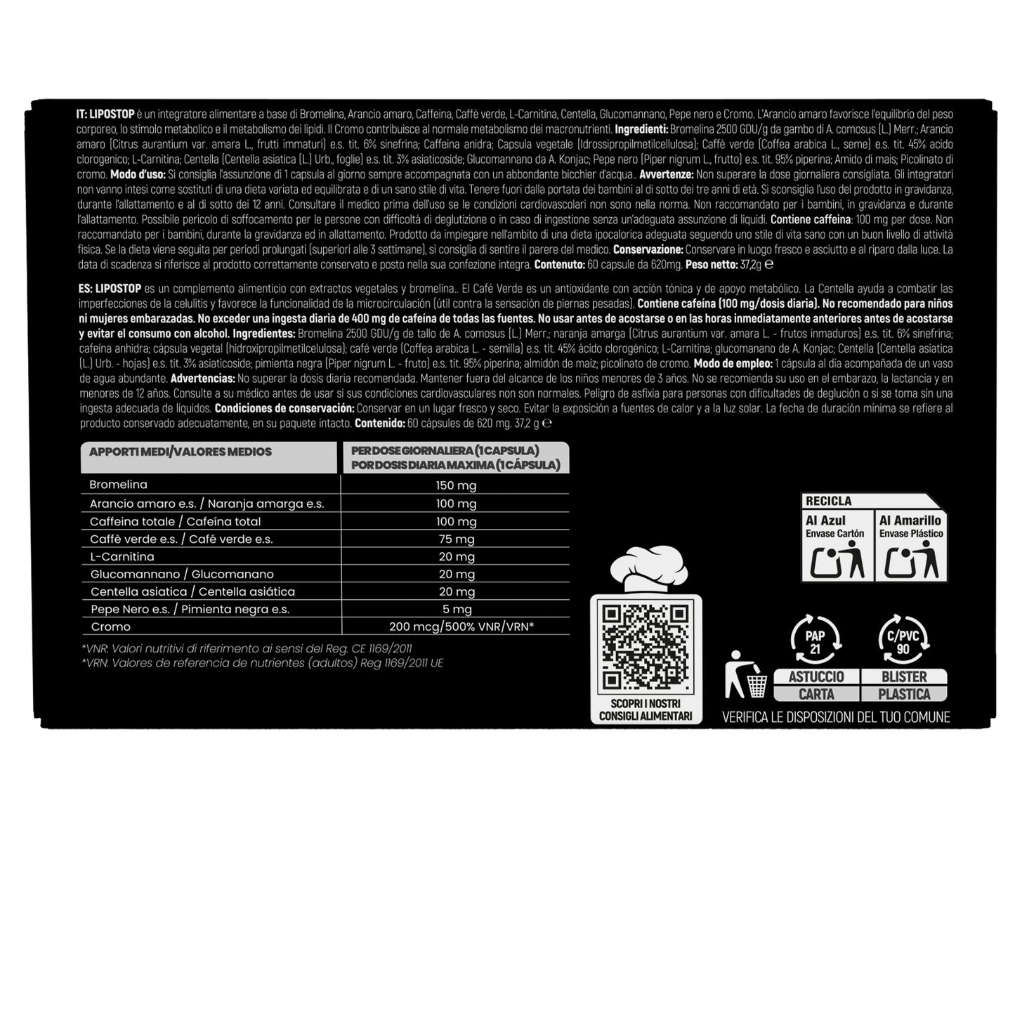 LIPOSTOP Integratore per Dimagrire, Metabolismo e Fame Nervosa - 60 Capsule