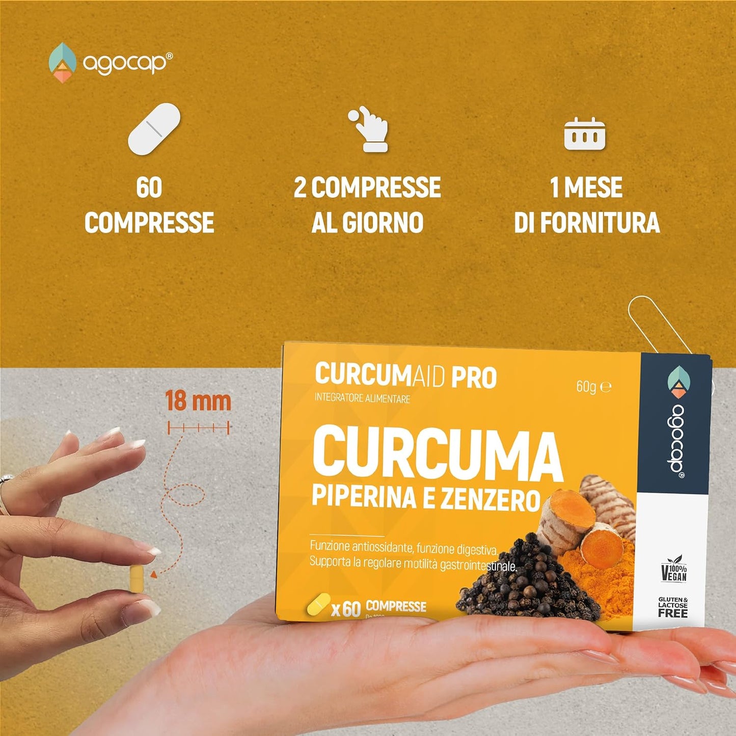 Curcumaid Pro | Integratore per digestione e mobilità gastrointestinale con Curcuma, Piperina e Zenzero