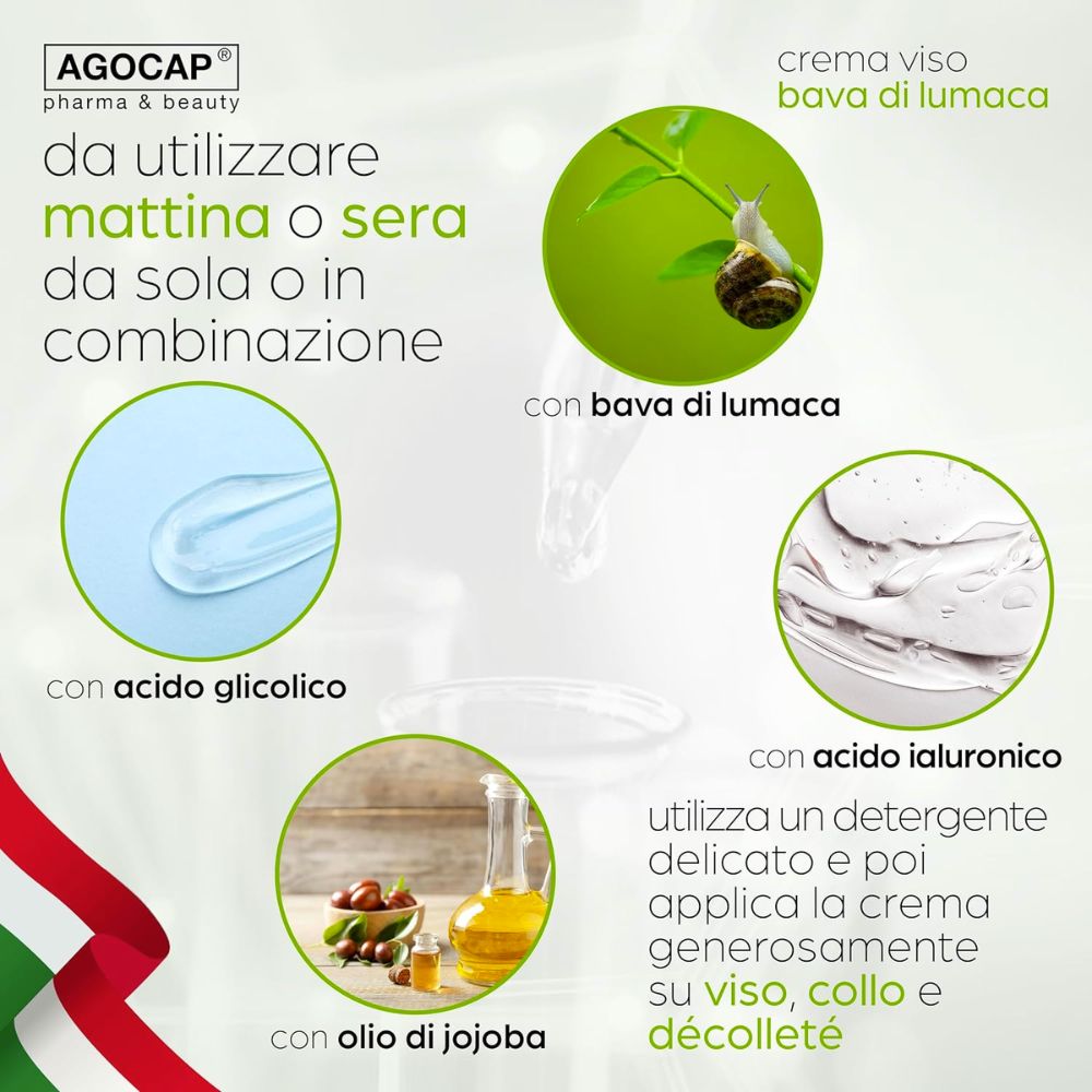Crema Viso Bava di Lumaca e Acido Ialuronico 100% Naturale, Anti-Age, Idratante e Rigenerante, 50ml