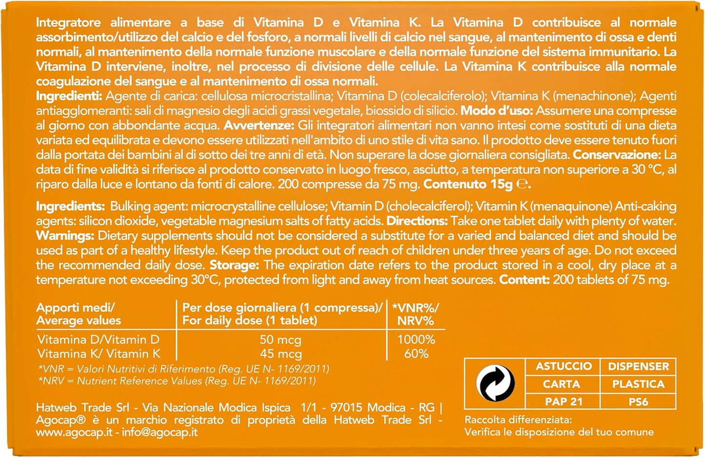 Vitamina D3 + Vitamina K2 (MK7) | Integratore per ossa e difese immunitarie con Vitamina D3 e K2
