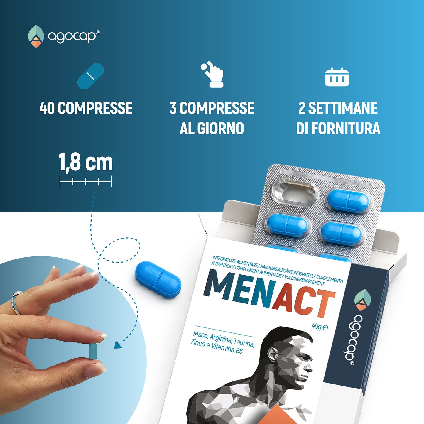 Agocap MENACT, Integratore Uomo con Maca, Arginina, Taurina, Zinco e Vitamina B6, 40 Compresse