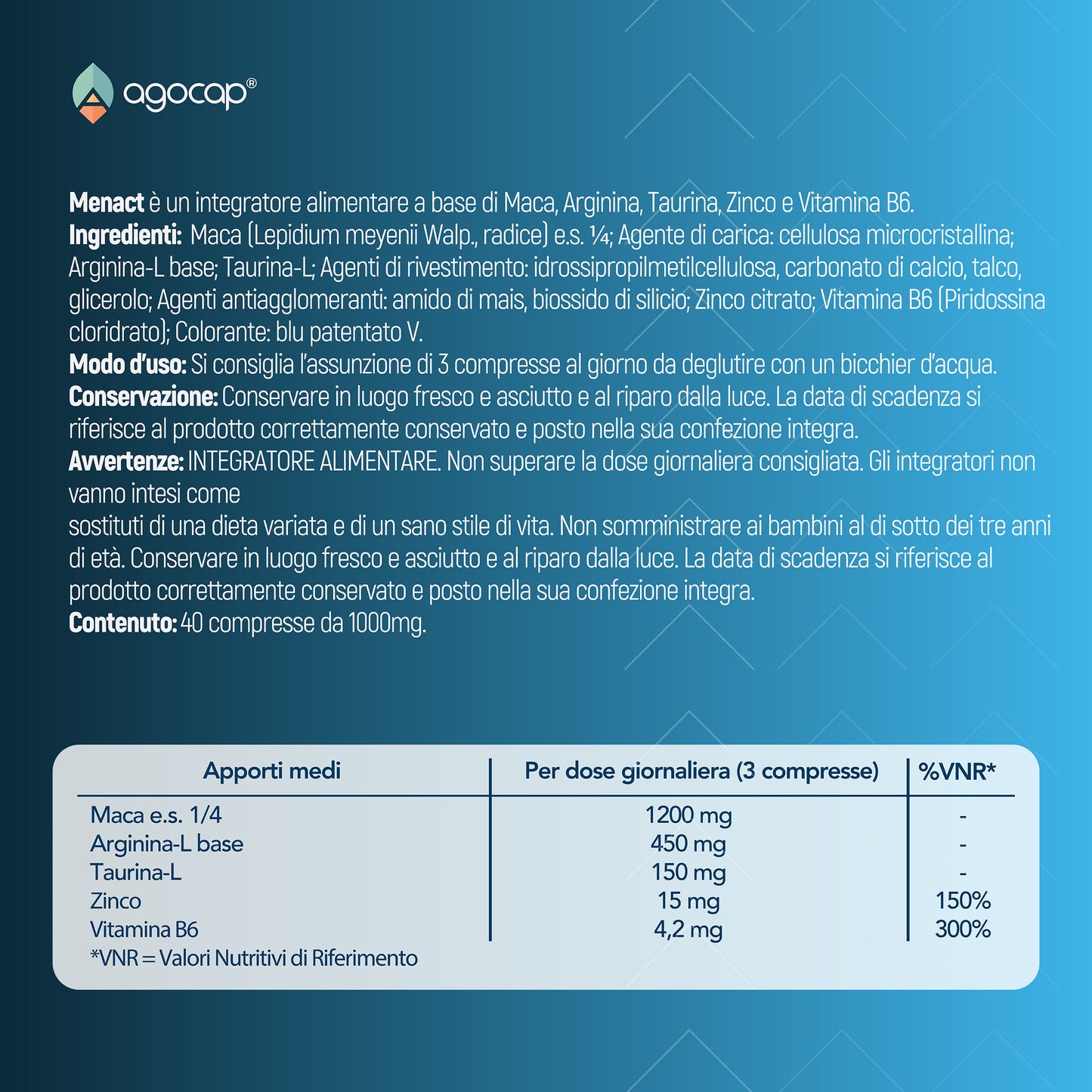 Agocap MENACT, Integratore Uomo con Maca, Arginina, Taurina, Zinco e Vitamina B6, 40 Compresse