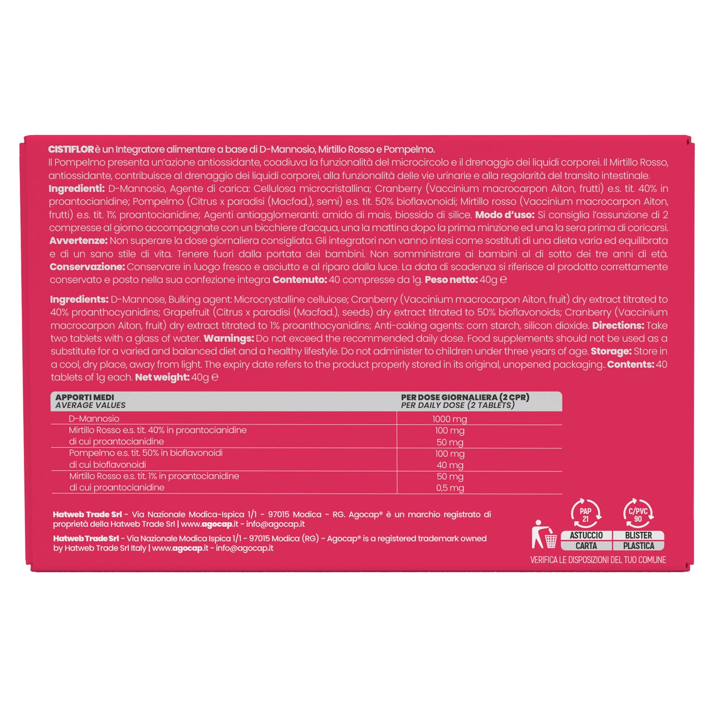 Cistiflor | Integratore per cistite e candida con D-Mannosio, mirtillo rosso e semi di pompelmo