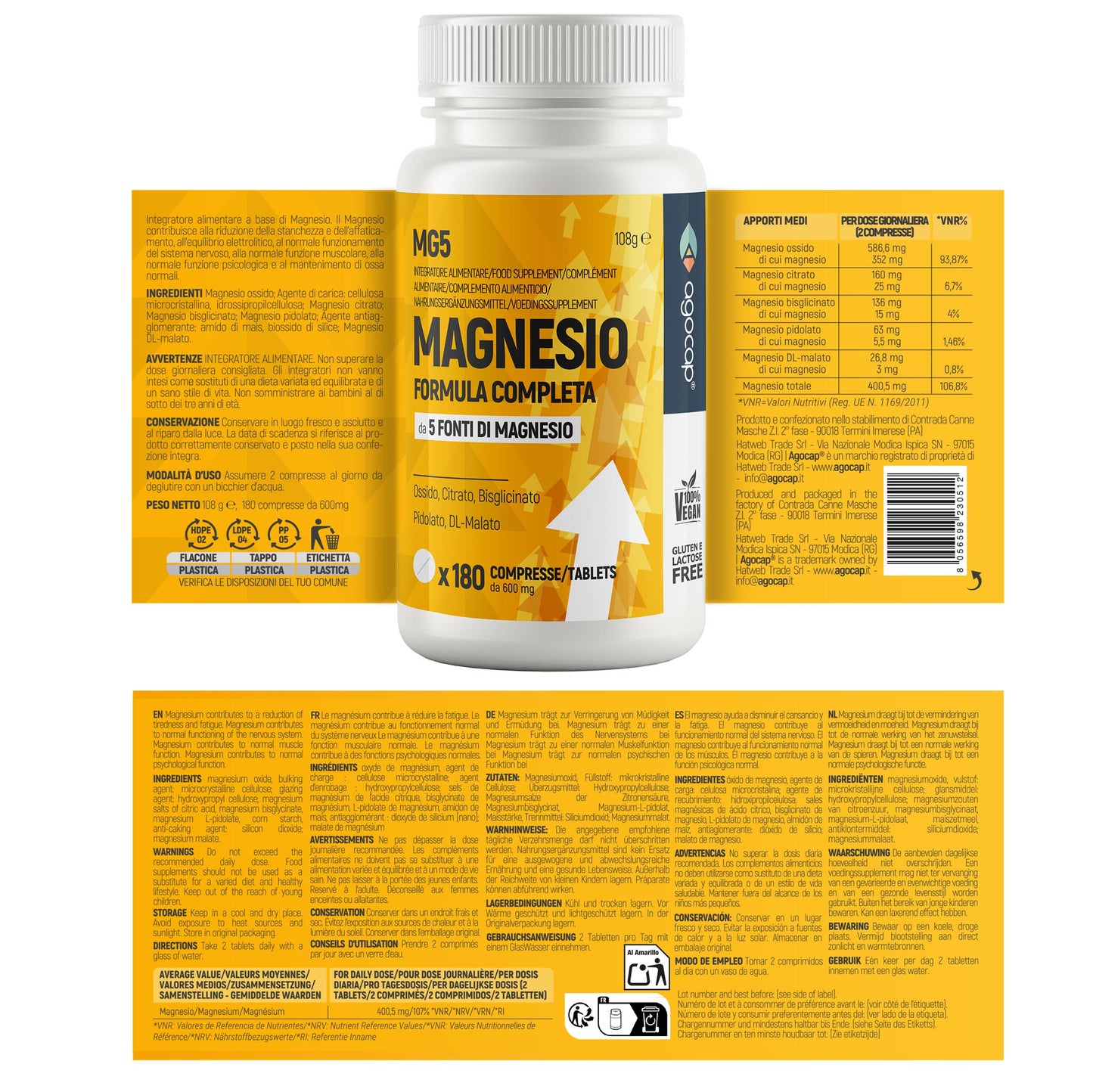 Magnesio 5 Fonti | Integratore contro stress e affaticamento per energia e sistema nervoso