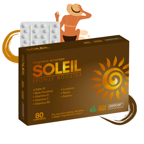 Integratore abbronzatura Soleil con Betacarotene, Rame, Selenio, Licopene, Vitamine C, D, E, B - Agocap Pharma & Beauty
