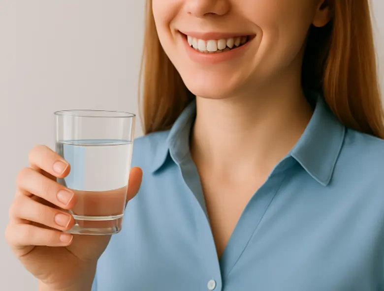 Donna con un bicchiere d'acqua in mano mentre assume un integratore in compresse di vitamina E | Agocap