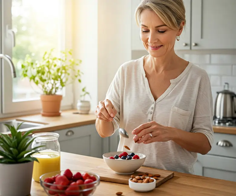 Donna di mezza età prepara una gustosa colazione con tanta vitamina E | Agocap